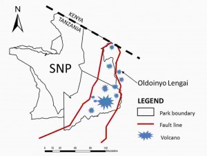 Location of Serengeti National Park (SNP) relative to the (mostly extinct) rift valley volcanoes.