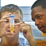 Students examining a DNA extraction