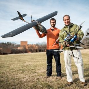 WFU graduate student Max Messinger and professor Miles Silman show their aircraft used for monitoring the forest canopy